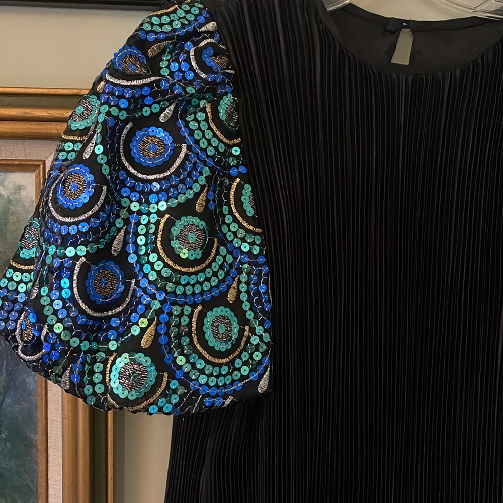 16. NEIMAN MARCUS vintage blue gold teal sequin Black Dress M/L mermaid
